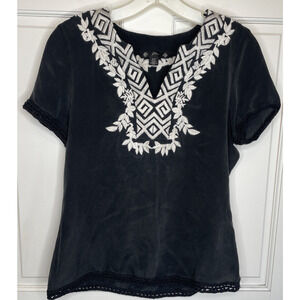 Filtre Top Women’s Size S Embroidered 100% Silk Blouse Aztec Boho Island